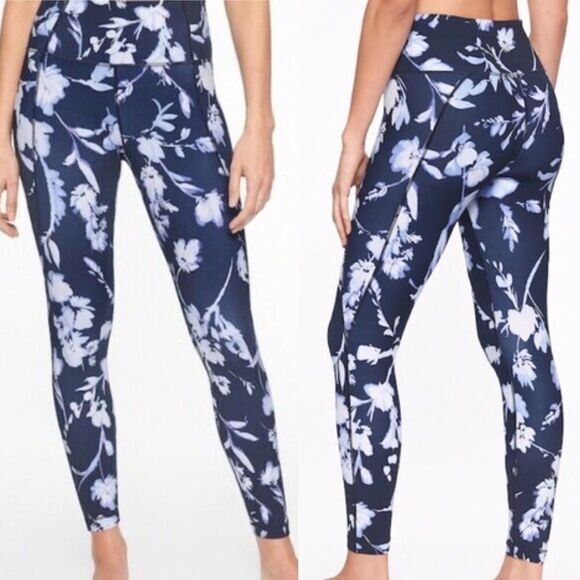 ATHLETA Water Flower Print 7/8 Yoga Gym Leggings Navy Blue XXS - Picture 3 of 6